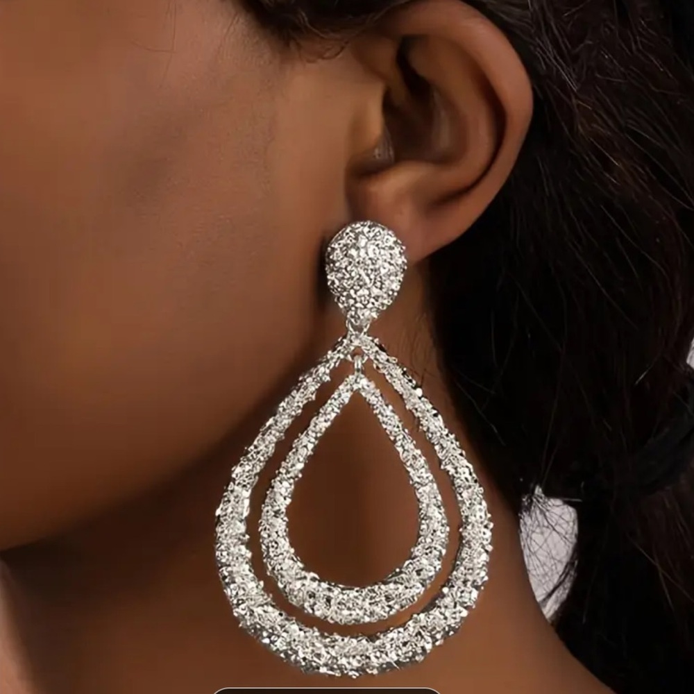 Extra Large Elegant Double Layer Water Drop Stud Silver tone Nugget Y2K Earrings